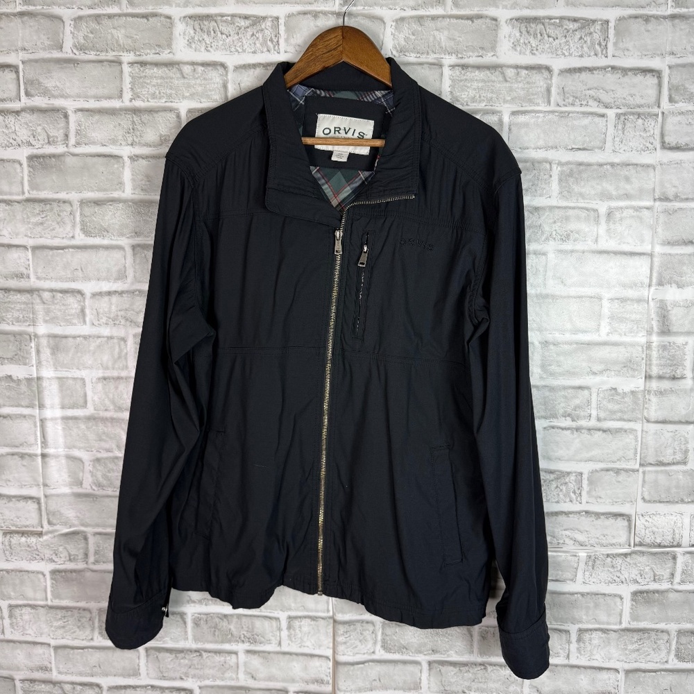 ORVIS Solid Black Full Zip Nylon Stretch Windbreaker Jacket Mens LARGE
